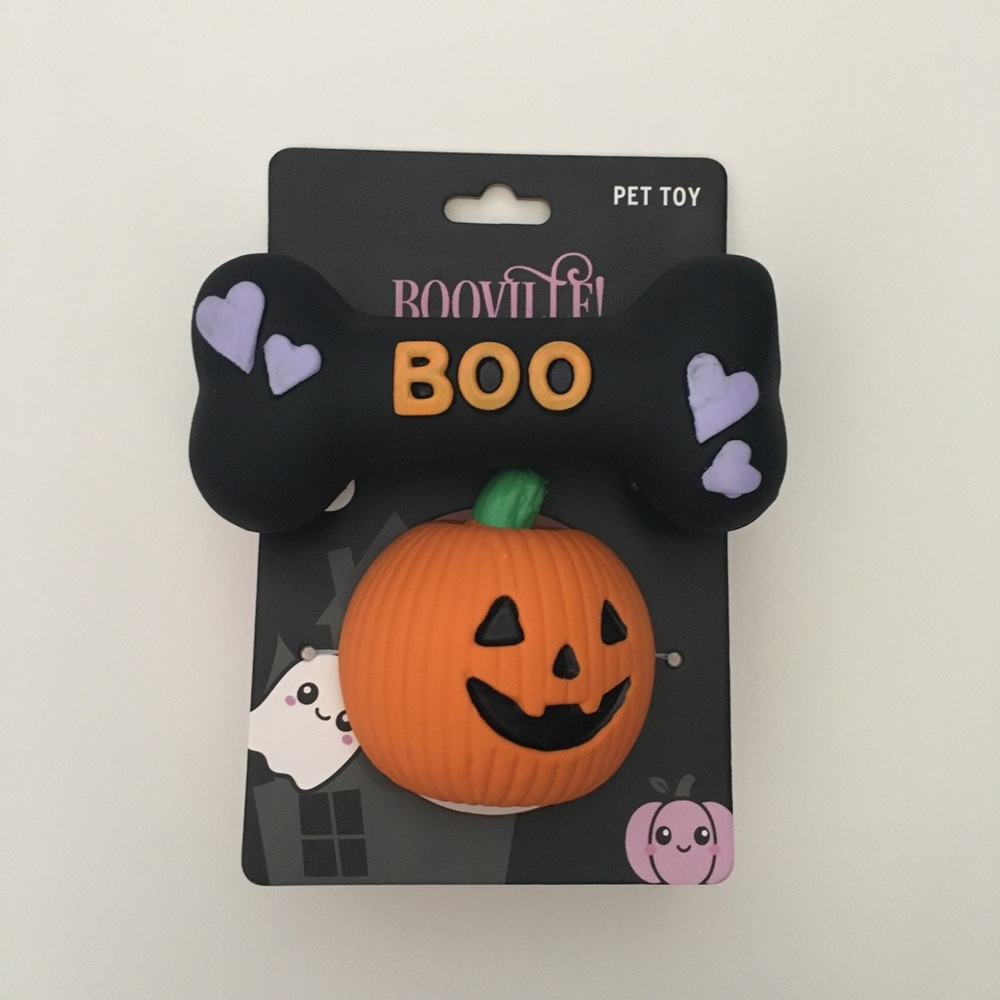 Dog Toys 2 Latex Halloween Pumpkin & 'BOO' Bone Toy Black & Orange NEW Booville